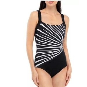 NWT Womens Swimsuits 14 One Piece Tank Illusion Bust Black White Leading Points